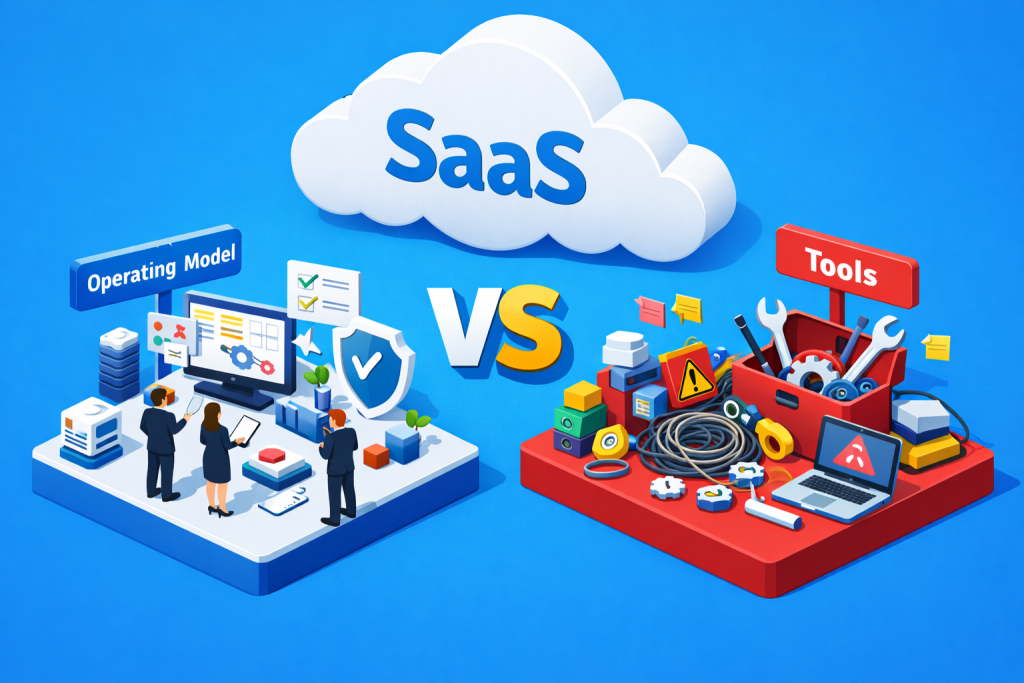 Isometric illustration showing SaaS cloud with Operating Model versus tools approach in SaaS integrations